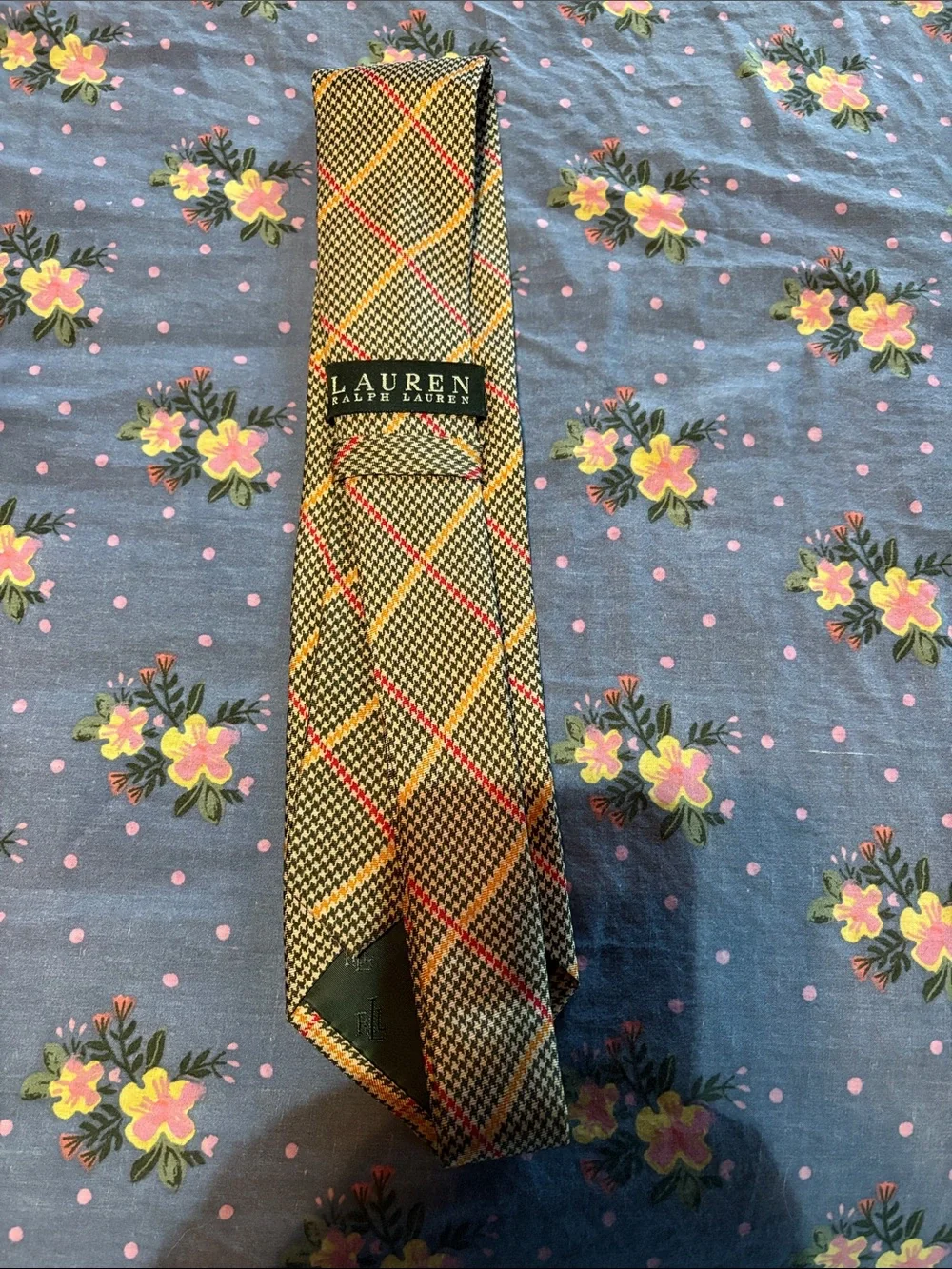 Lauren Ralph Lauren Brown Houndstooth Plaid Silk Tie with Red and Yellow Accents